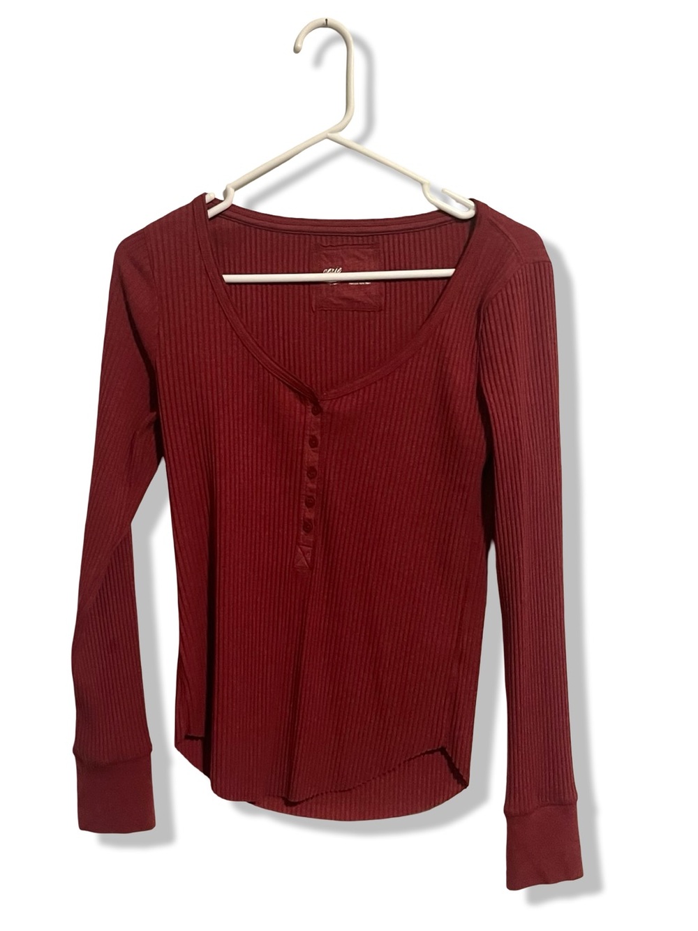 Aerie Burgundy Ribbed Henley Long-Sleeve Top